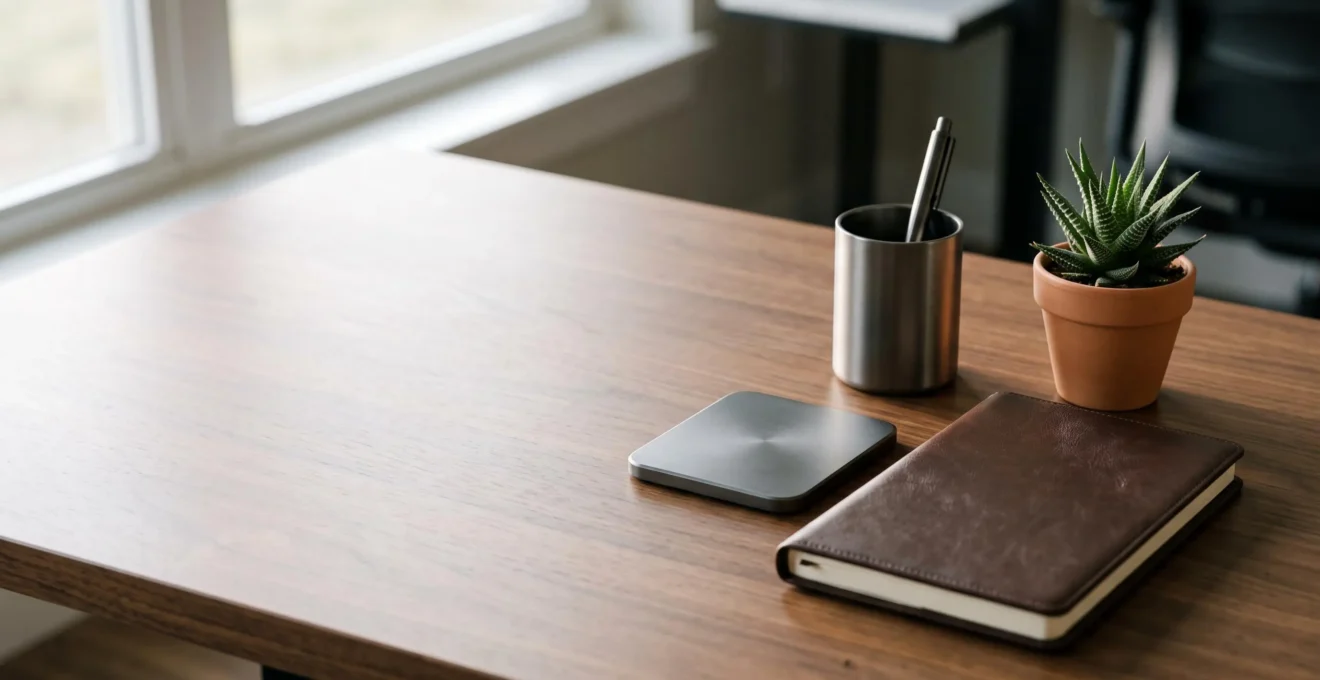 Bureau professionnel minimaliste avec des objets de qualité disposés avec soin, symbolisant une présence de marque durable