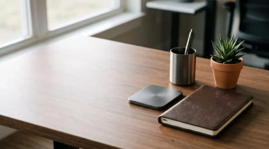 Bureau professionnel minimaliste avec des objets de qualité disposés avec soin, symbolisant une présence de marque durable