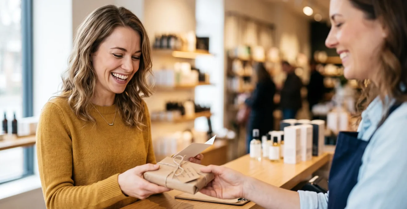 Client souriant vivant un moment fort et positif lors d'une interaction avec une marque, symbole d'une experience client reussie
