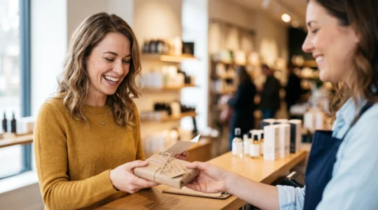 Client souriant vivant un moment fort et positif lors d'une interaction avec une marque, symbole d'une experience client reussie