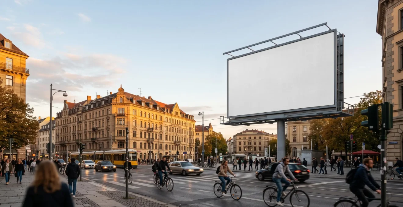 Vue large d'une rue urbaine au crépuscule avec un grand panneau d'affichage vierge surplombant un carrefour animé, symbolisant la conquête de la visibilité locale