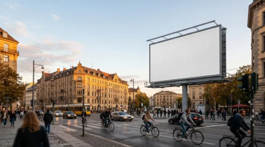 Vue large d'une rue urbaine au crépuscule avec un grand panneau d'affichage vierge surplombant un carrefour animé, symbolisant la conquête de la visibilité locale