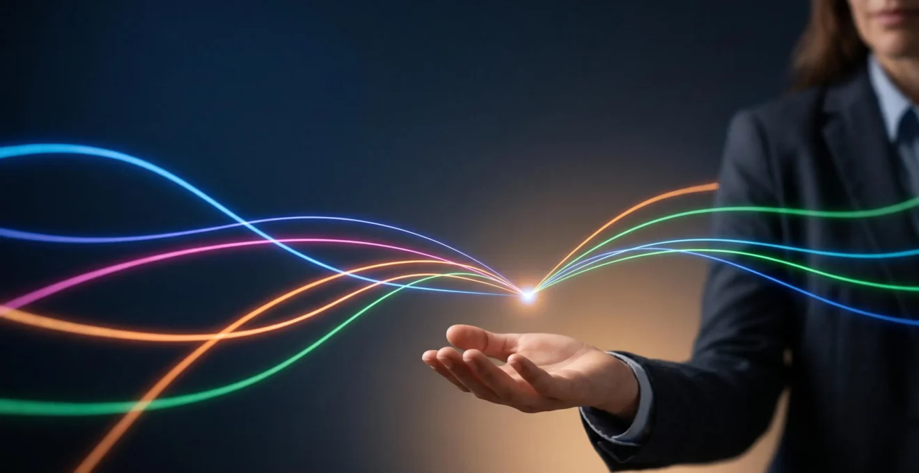 Illustration symbolique de plusieurs flux lumineux représentant différents canaux digitaux convergeant vers un point unique de conversion