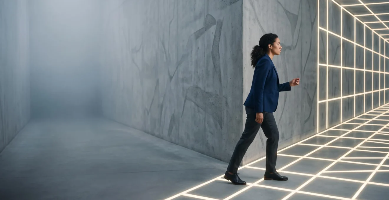 Une silhouette hésitant entre un chemin structuré par des données lumineuses et un chemin brumeux symbolisant l'intuition, illustrant la décision marketing fondée sur la donnée