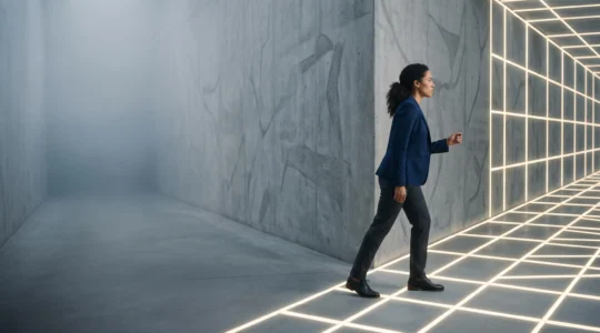 Une silhouette hésitant entre un chemin structuré par des données lumineuses et un chemin brumeux symbolisant l'intuition, illustrant la décision marketing fondée sur la donnée