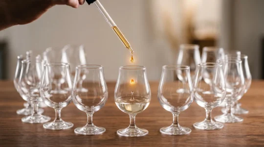 Une goutte de produit tombant dans un verre, symbolisant le passage de l'essai gratuit a la fidelisation client