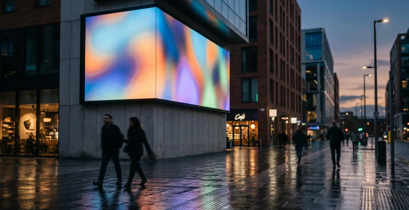 Panneau publicitaire digital DOOH illuminé dans une rue urbaine au crépuscule, illustrant l'adaptation contextuelle des messages publicitaires