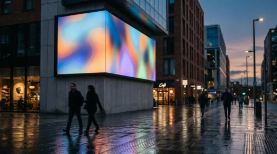 Panneau publicitaire digital DOOH illuminé dans une rue urbaine au crépuscule, illustrant l'adaptation contextuelle des messages publicitaires