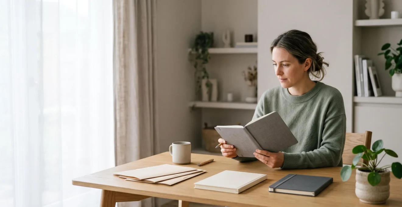 Créateur de contenu concentré et serein dans un espace de travail organisé, symbolisant une production éditoriale fluide et sans épuisement