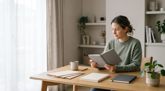 Créateur de contenu concentré et serein dans un espace de travail organisé, symbolisant une production éditoriale fluide et sans épuisement