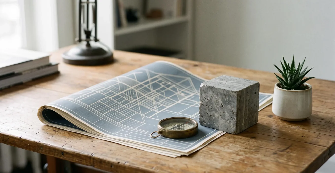 Table d'architecte avec plans, boussole et matériaux symbolisant la construction d'une plateforme de marque solide