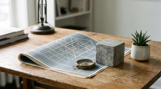Table d'architecte avec plans, boussole et matériaux symbolisant la construction d'une plateforme de marque solide