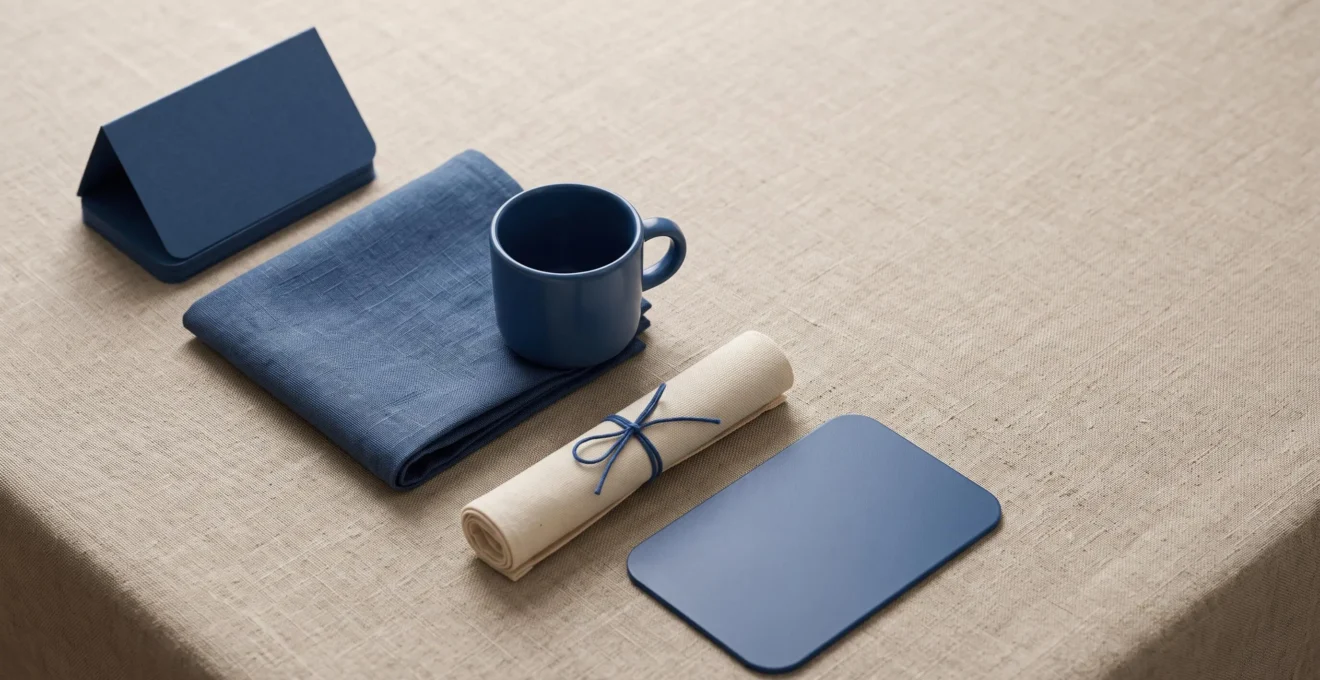 Composition editoriale d'objets de marque neutres alignes avec precision, illustrant l'uniformite parfaite d'une identite visuelle sur tous les supports
