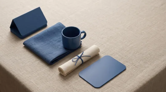 Composition editoriale d'objets de marque neutres alignes avec precision, illustrant l'uniformite parfaite d'une identite visuelle sur tous les supports