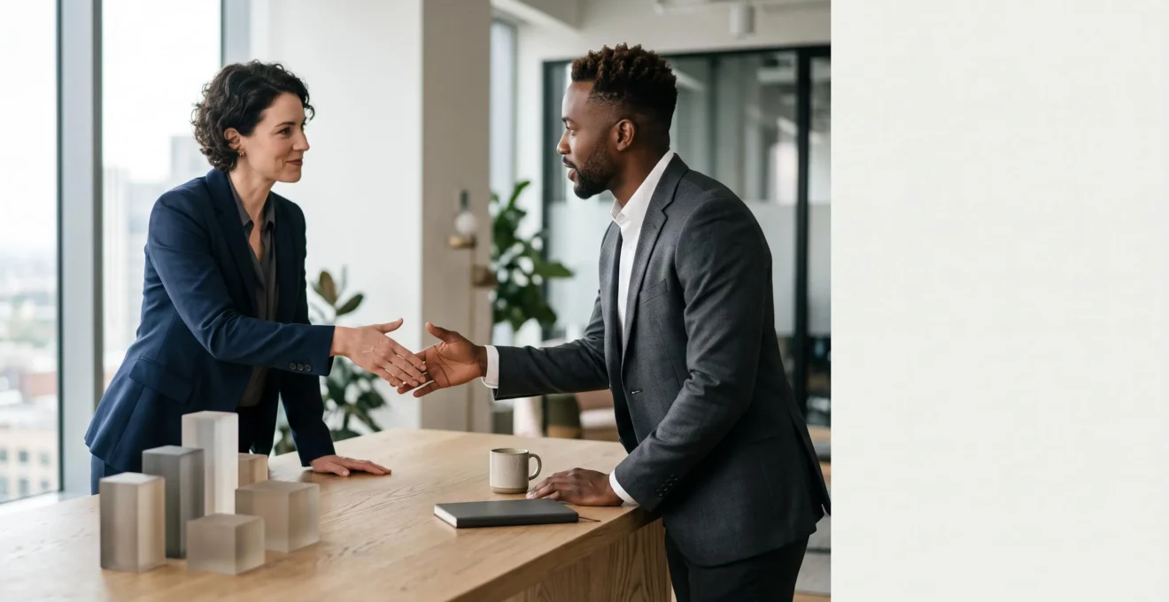 Deux professionnels du marketing en pleine négociation autour d'une table, symbolisant l'achat stratégique d'espaces publicitaires