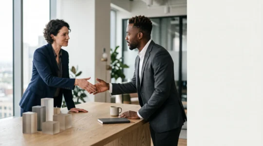Deux professionnels du marketing en pleine négociation autour d'une table, symbolisant l'achat stratégique d'espaces publicitaires