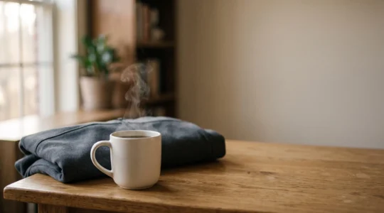 Une tasse en céramique de qualité posée sur un bureau lumineux, symbole d'un objet publicitaire devenu ambassadeur discret de marque au quotidien