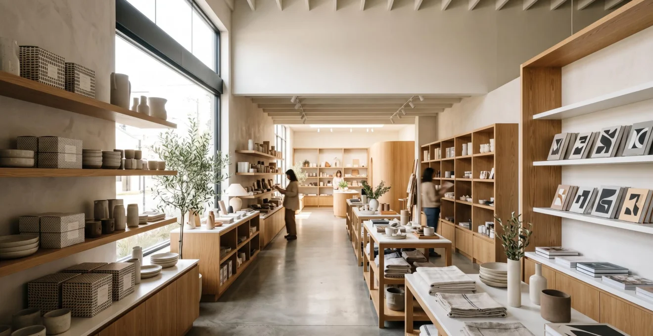 Interieur chaleureux d'un point de vente moderne mettant en scene un parcours client fluide et engageant