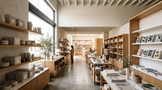 Interieur chaleureux d'un point de vente moderne mettant en scene un parcours client fluide et engageant