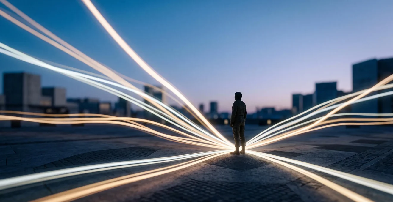Silhouette humaine au centre d'un réseau lumineux de points de contact médias convergents, symbolisant une campagne 360 degrés