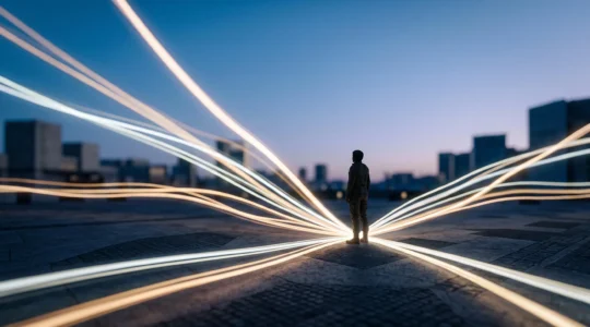 Silhouette humaine au centre d'un réseau lumineux de points de contact médias convergents, symbolisant une campagne 360 degrés
