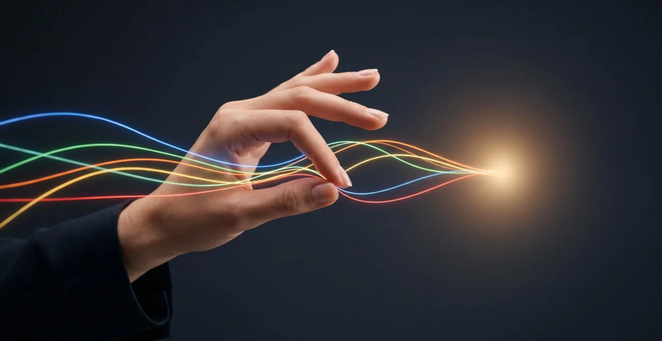 Une main tenant plusieurs fils lumineux reliés entre eux, symbolisant l'orchestration fluide des canaux digitaux autour du parcours client