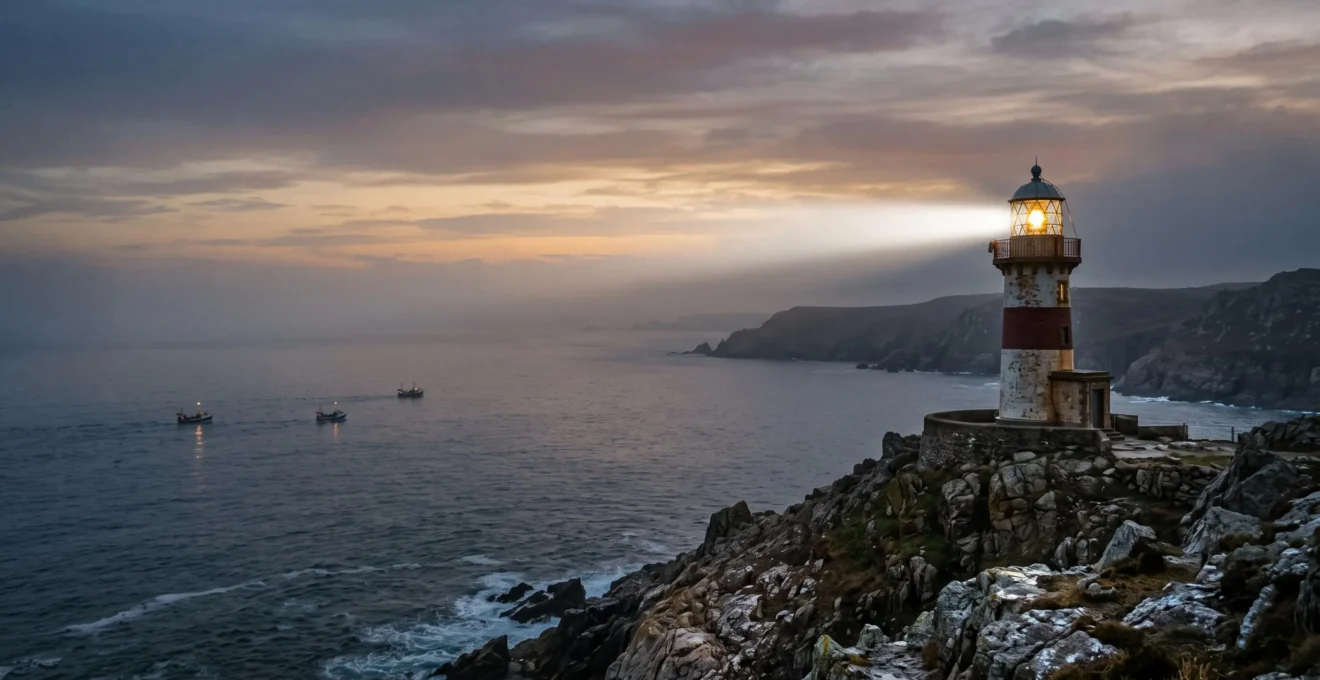 Un phare illuminé guidant des petites embarcations à travers la brume, symbolisant une stratégie de contenu qui attire un trafic qualifié