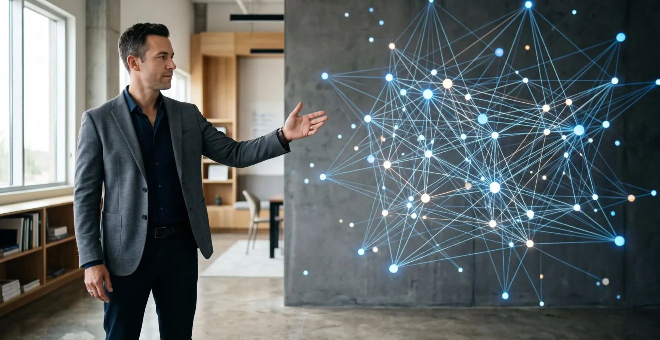 Un professionnel du marketing observe un tableau de bord de données de visibilité en ligne dans un bureau lumineux, symbolisant la reprise de contrôle du référencement en interne
