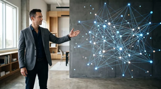 Un professionnel du marketing observe un tableau de bord de données de visibilité en ligne dans un bureau lumineux, symbolisant la reprise de contrôle du référencement en interne
