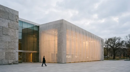 Silhouette architecturale symbolisant la solidité et la protection d'une réputation institutionnelle