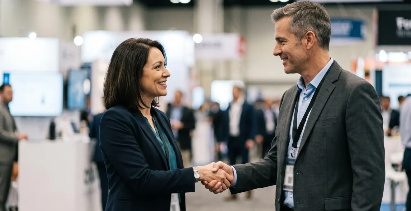 Poignée de main entre deux professionnels sur un salon B2B symbolisant la transformation d'un contact en opportunité commerciale qualifiée