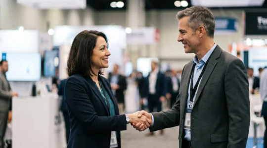 Poignée de main entre deux professionnels sur un salon B2B symbolisant la transformation d'un contact en opportunité commerciale qualifiée