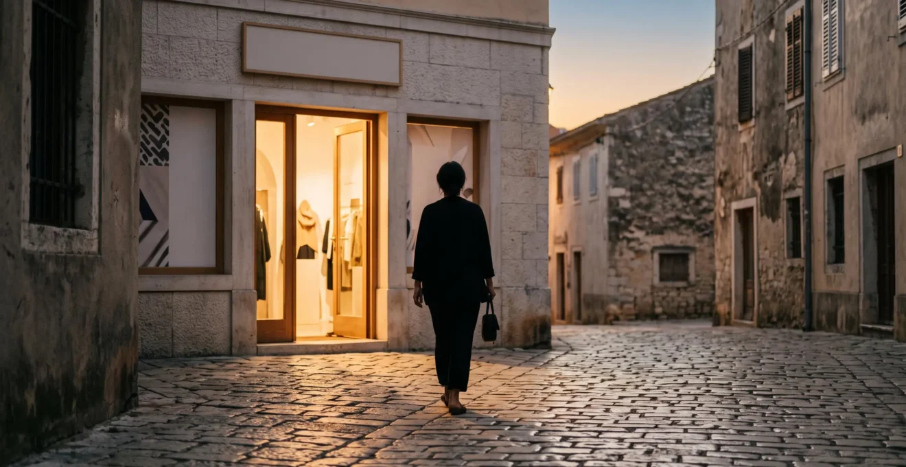 Une silhouette guidée par une lumière douce vers l'entrée d'une boutique, symbolisant un retargeting bienveillant et non intrusif