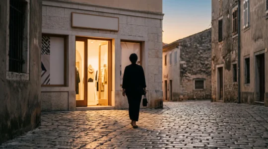 Une silhouette guidée par une lumière douce vers l'entrée d'une boutique, symbolisant un retargeting bienveillant et non intrusif