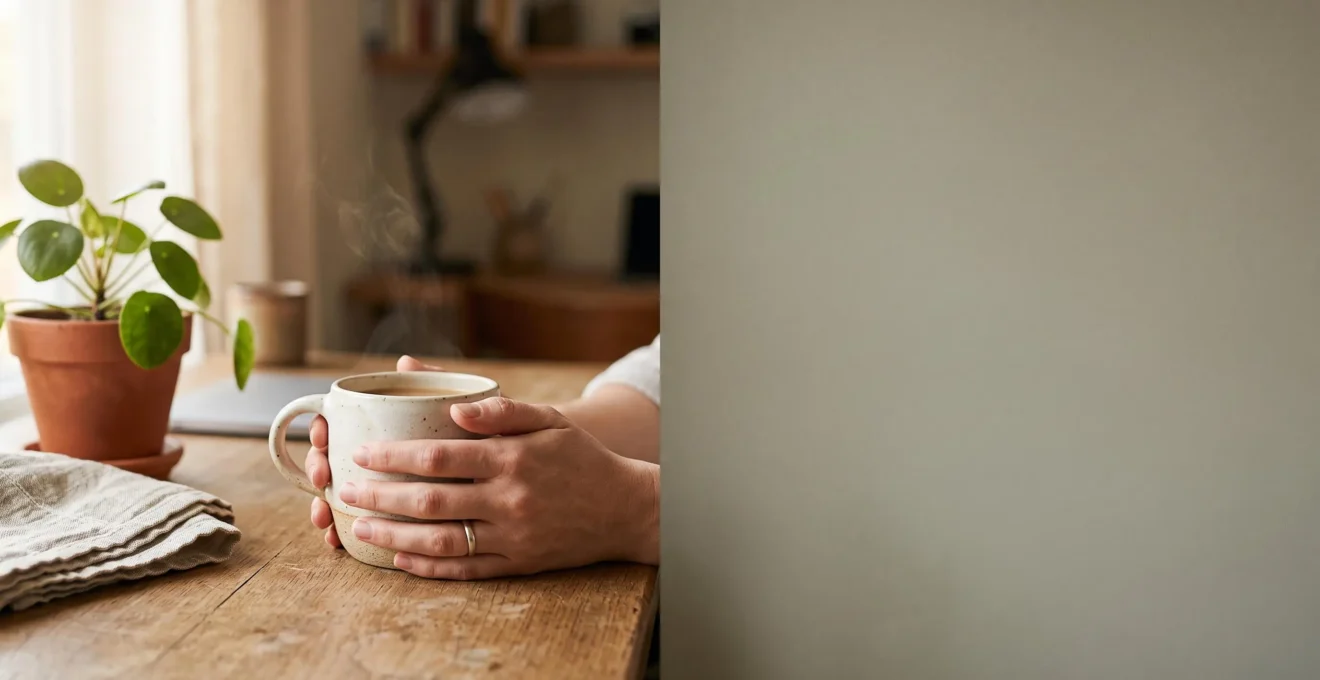 Mains tenant une tasse en céramique fumante sur un bureau en bois au petit matin, symbolisant le rituel quotidien du café associé à une marque