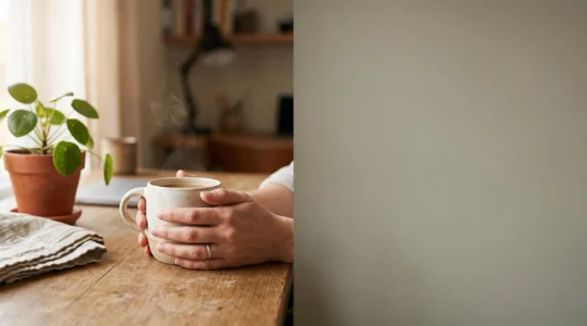 Mains tenant une tasse en céramique fumante sur un bureau en bois au petit matin, symbolisant le rituel quotidien du café associé à une marque