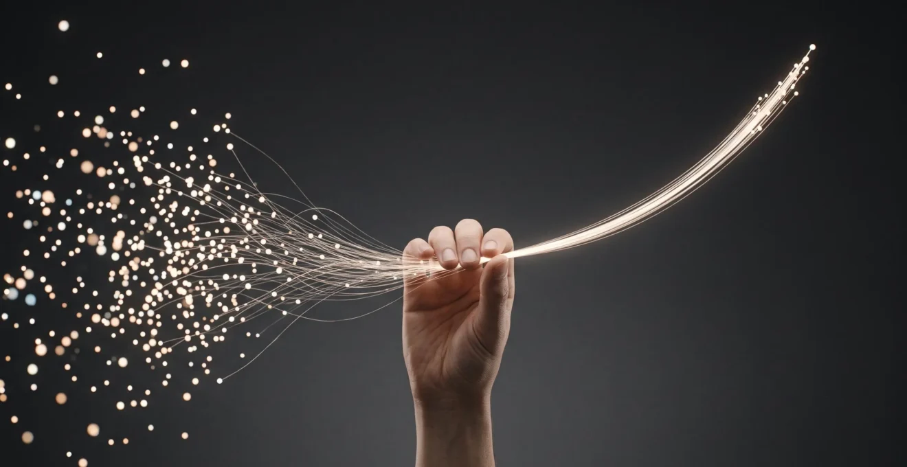 Flux de lumiere abstrait se transformant en une trajectoire ascendante symbolisant la conversion des donnees en decisions marketing performantes
